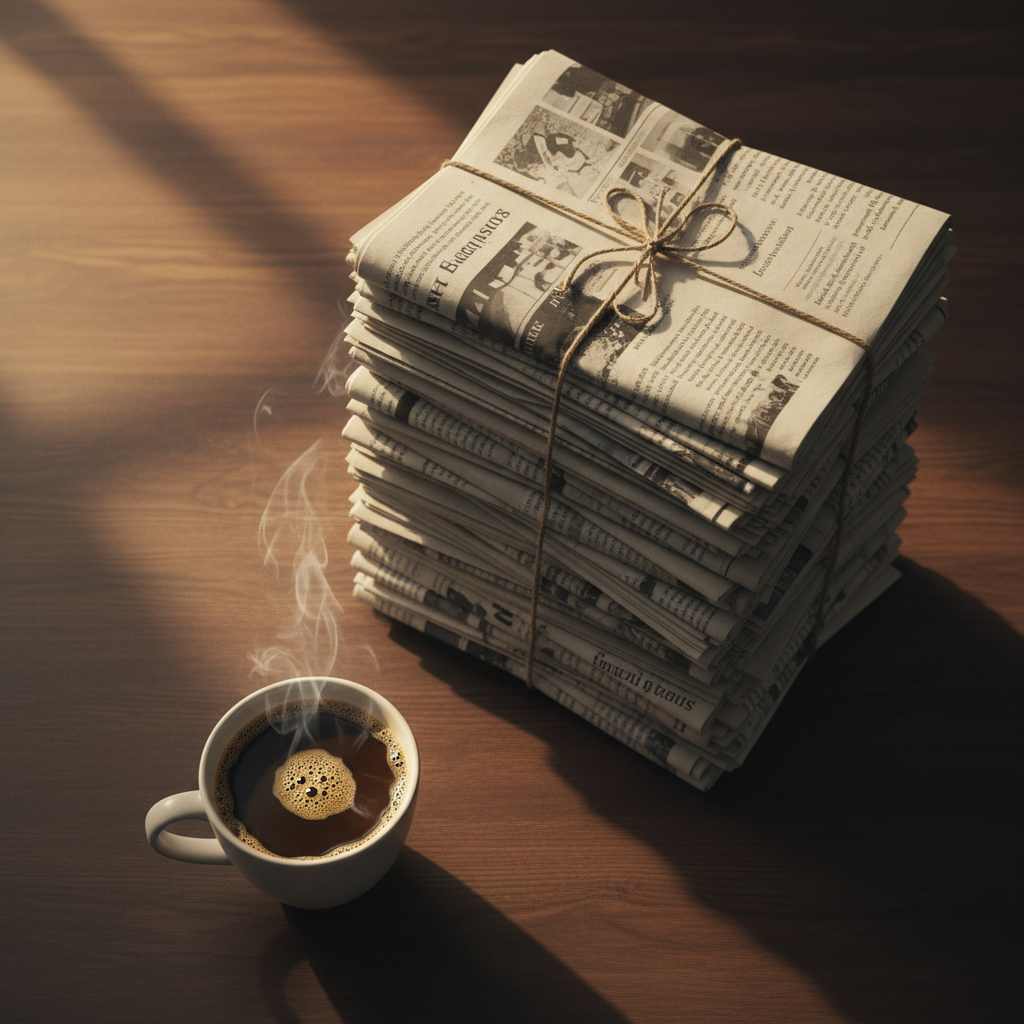 Stack of newspapers and coffee on a dark table