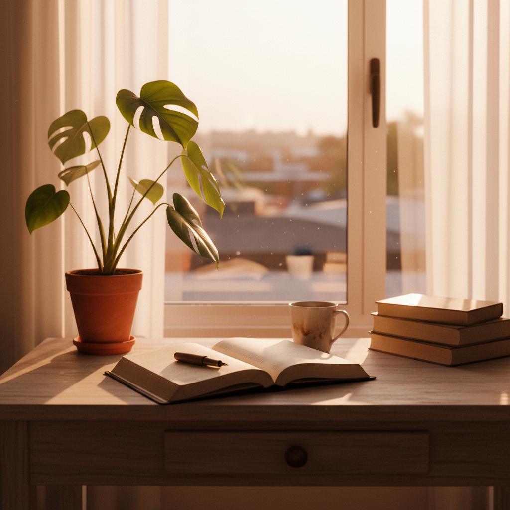 Sunlit personal desk with journal and plant